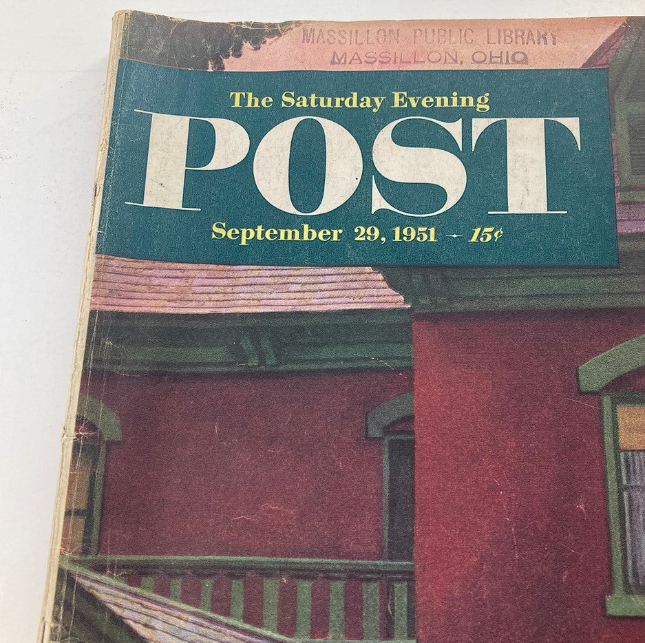 Close-up view of the top section of The Saturday Evening Post, dated September 29, 1951, showcasing its vintage design and highlighting Hedy Lamarr's featured article.