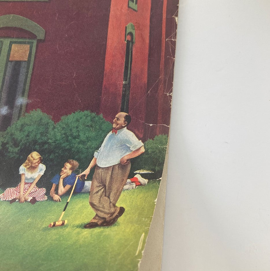 Detail of The Saturday Evening Post cover from September 29, 1951, illustrating a family scene with characters on a lawn, while promoting Hedy Lamarr's article 'Hedy Lamarr Sells Her Past'.
