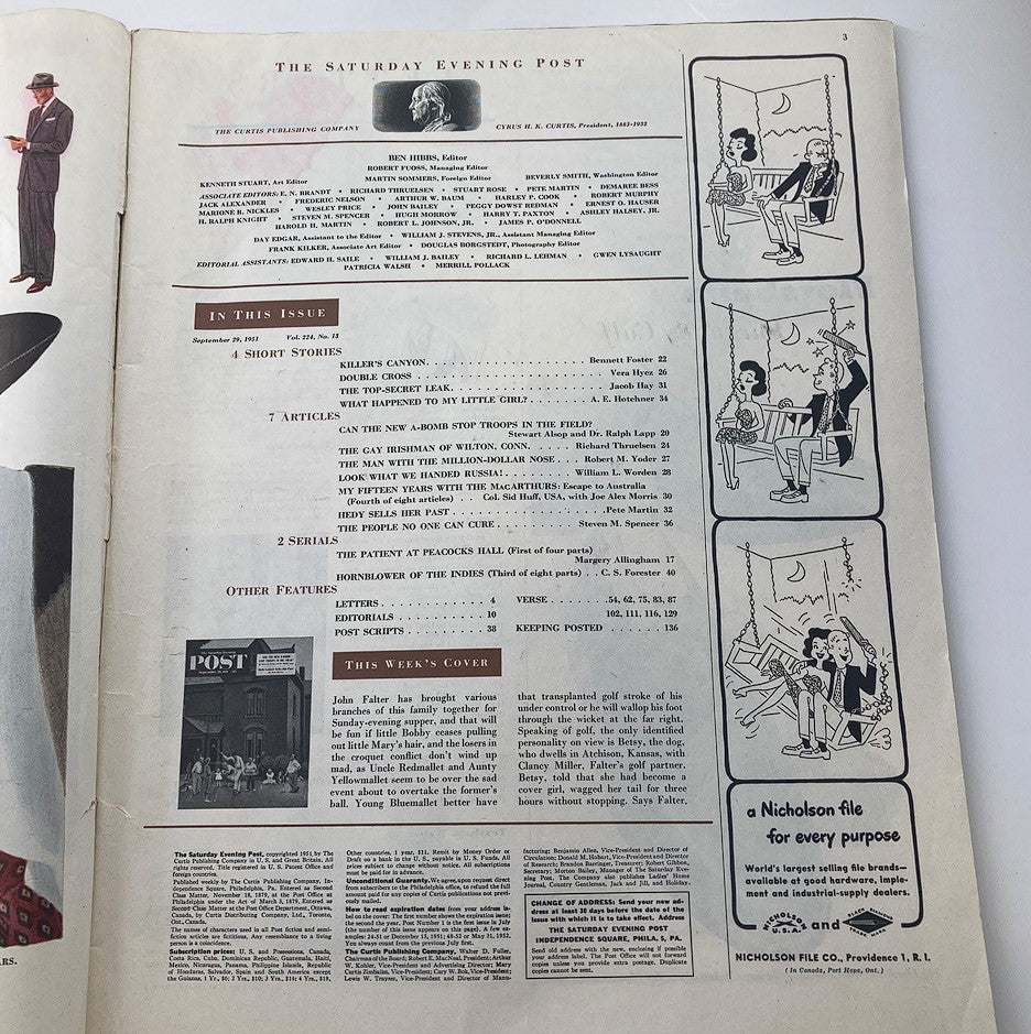 Contents page of The Saturday Evening Post September 29 1951, listing articles and features.
