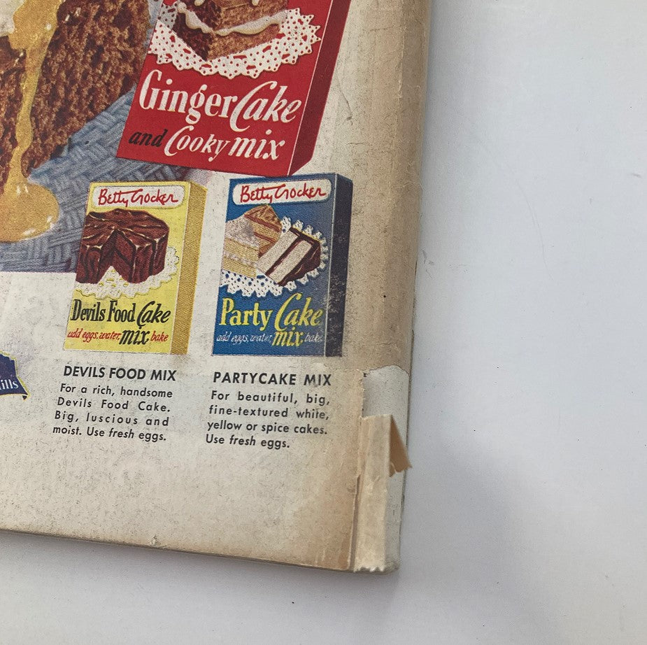 Close-up of Betty Crocker cake mix products on the back of The Saturday Evening Post, October 13, 1951, highlighting Ginger Cake, Devils Food, and Party Cake mixes.