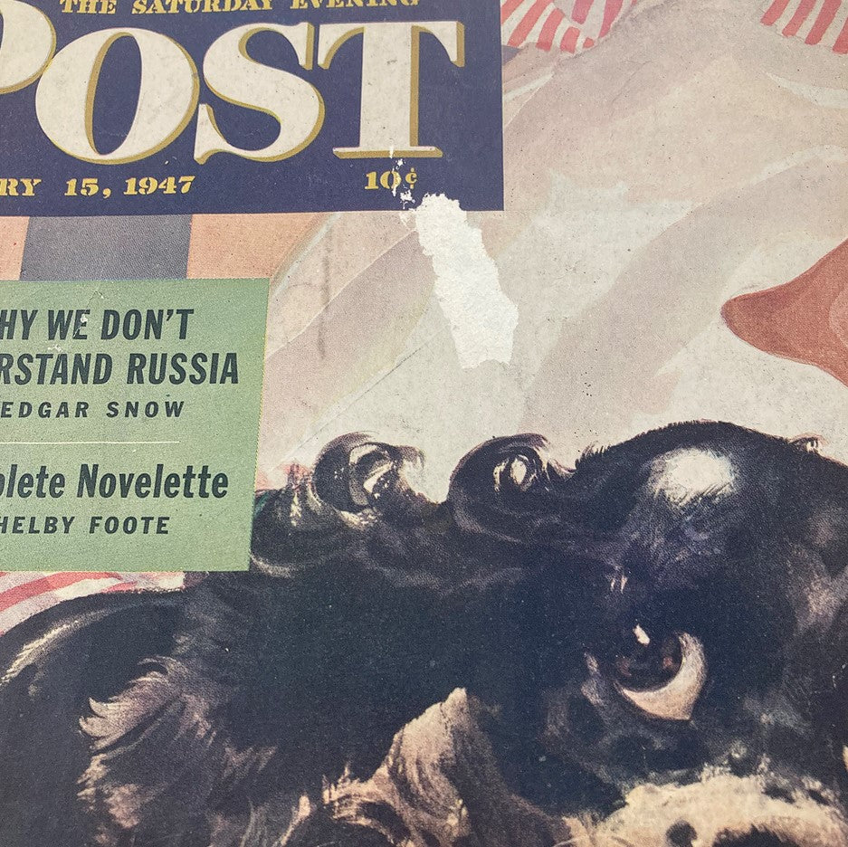 Close-up view of the cover of The Saturday Evening Post February 15, 1947, highlighting the article 'Why We Don't Understand Russia' by Edgar Snow and the vintage style.
