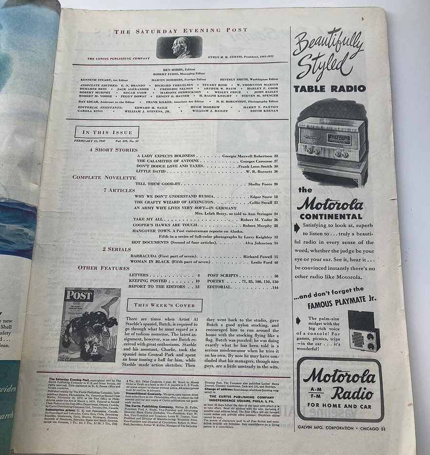 Interior page of The Saturday Evening Post, February 15, 1947, displaying the table of contents and advertisements, highlighting the vintage publication's historical context and design.