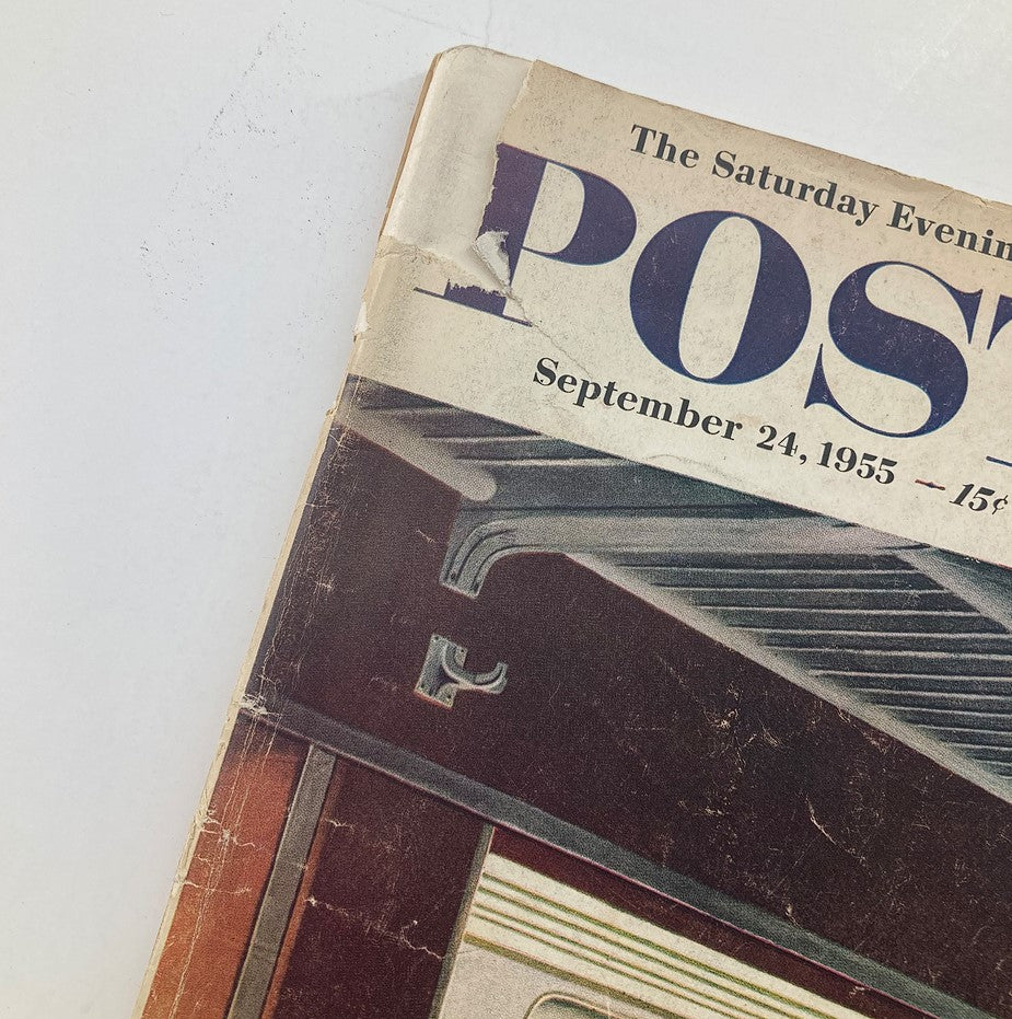 Close-up of the top edge of The Saturday Evening Post from September 24, 1955, showcasing wear and tear, with the title "College with Big-Time Football Blues" visible.