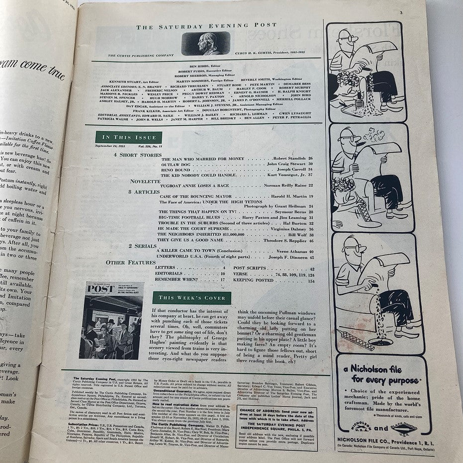 Interior page of The Saturday Evening Post from September 24, 1955, featuring the table of contents and the title "College with Big-Time Football Blues" highlighted.