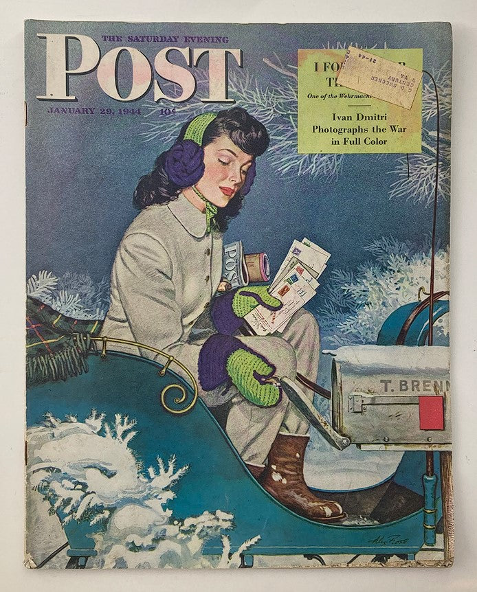 Cover of The Saturday Evening Post January 29, 1944, featuring a vintage illustration with a woman in winter attire, holding letters, and captured by Ivan Dmitri's photography of the war.