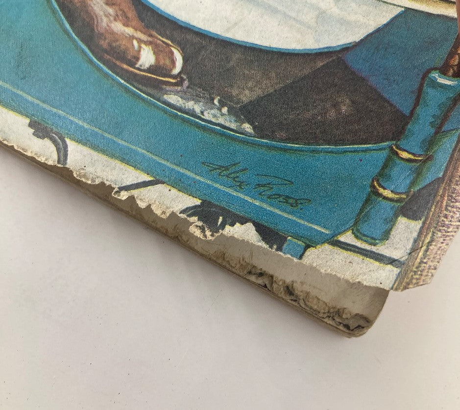 The bottom edge of The Saturday Evening Post January 29, 1944, showcasing wear and tear, with a signature visible from the illustrator, enhancing its vintage appeal.