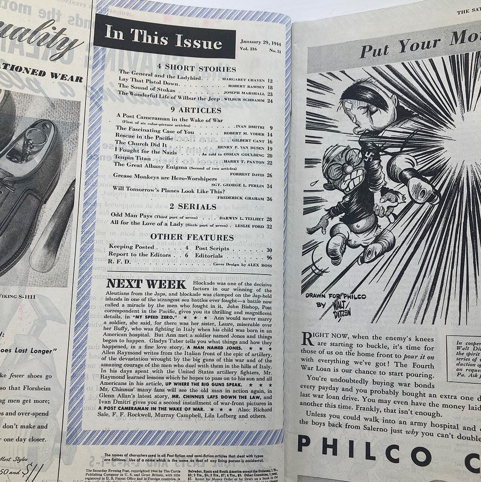 Inside page of The Saturday Evening Post January 29, 1944, featuring the table of contents and illustrated advertisements, reflective of wartime publications and relevant articles.