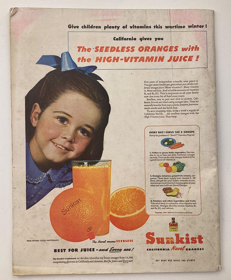 Vintage advertisement from The Saturday Evening Post January 29, 1944, featuring a young girl promoting Sunkist seedless oranges and their high-vitamin juice, highlighting the importance of vitamins during wartime.