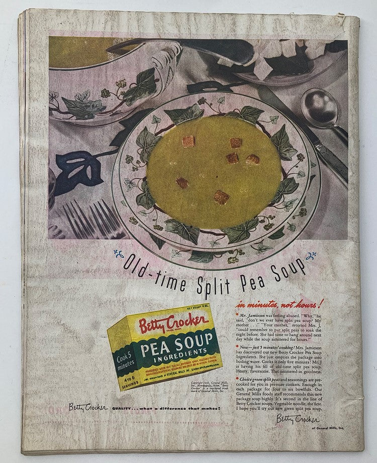 An advertisement for Betty Crocker's Old-time Split Pea Soup featured in The Saturday Evening Post January 12, 1946. This vintage image shows a bowl of pea soup garnished with croutons, surrounded by elegant tableware, highlighting post-war culinary advertising.