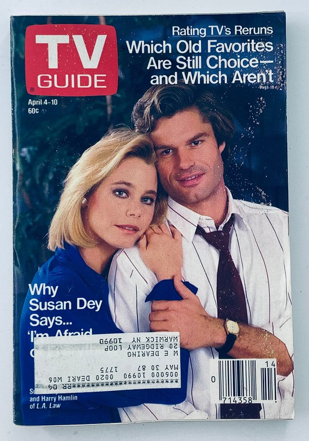 Cover of TV Guide Magazine from April 4, 1987 featuring Susan Dey and Harry Hamlin of L.A. Law, highlighting iconic television moments.