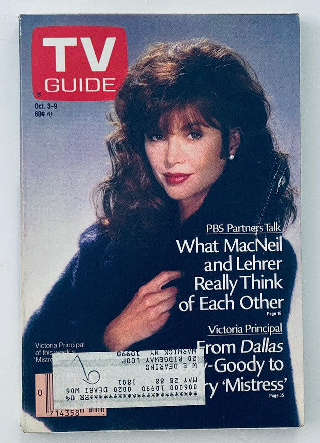 TV Guide Magazine from October 3, 1987 featuring Victoria Principal on the cover, showcasing her role in the series 'Mistress'. This vintage magazine captures the essence of 1980s pop culture and is a collectible item for fans of classic television.