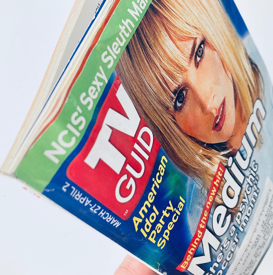 Side view of TV Guide Magazine March 27 2005 highlighting the title and cover features, including a promotion for 'American Idol Party Special' and Mark Harmon.