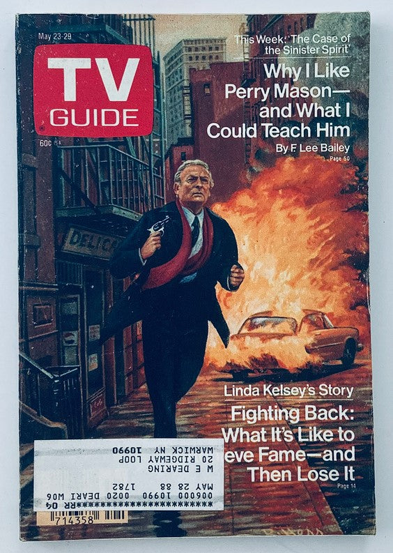 TV Guide Magazine cover from May 23, 1987 featuring Edward Woodward and Linda Kelsey, showcasing a dramatic action scene with a man holding a gun and a fiery backdrop. The magazine highlights articles including 'Why I Like Perry Mason' and 'Fighting Back: What It's Like to Lose Fame.'