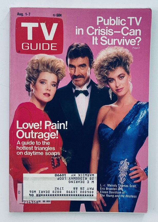 TV Guide Magazine cover from August 1, 1987, featuring Eric Braeden and Eileen Davidson. The cover highlights iconic soap opera stars with the tagline 'Public TV in Crisis—Can It Survive?' and depicts them in glamorous attire, showcasing the vibrant entertainment culture of the 1980s.