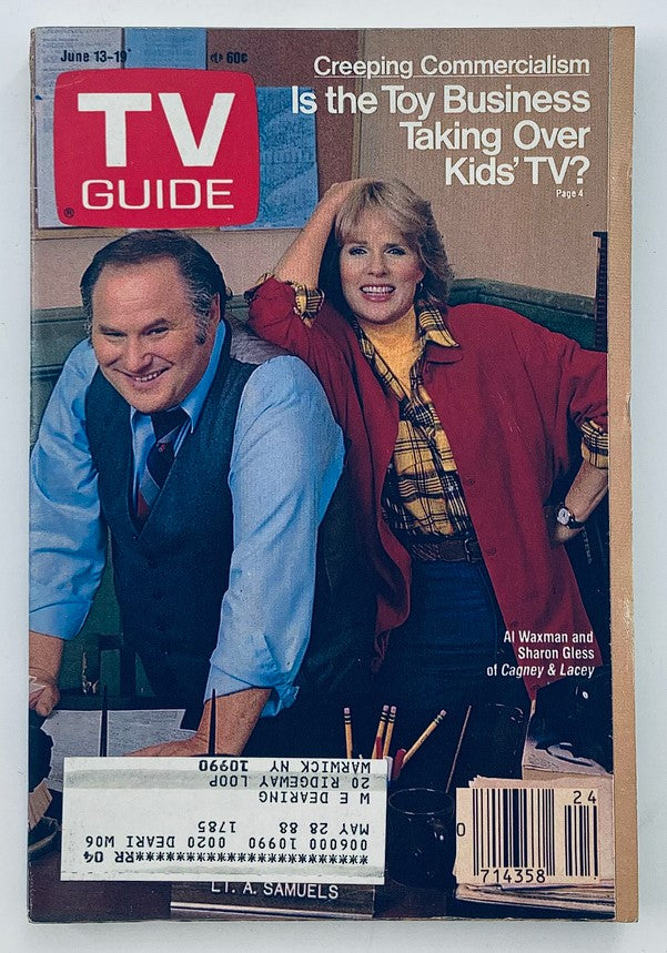 TV Guide Magazine June 13 1987 cover featuring Al Waxman and Sharon Gless from Cagney & Lacey, discussing the impact of commercialism on children's television.