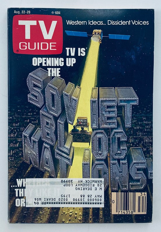 TV Guide Magazine August 22, 1987 cover featuring the headline 'TV is Opening Up the Soviet Bloc Nations' with a visually striking design highlighting television's impact on society during a transformative era.