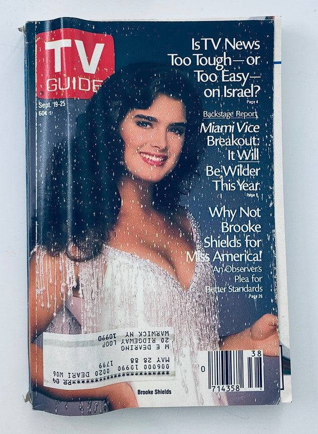 Cover of TV Guide Magazine September 19, 1987 featuring Brooke Shields, showcasing headlines on TV news, Miami Vice, and Miss America.