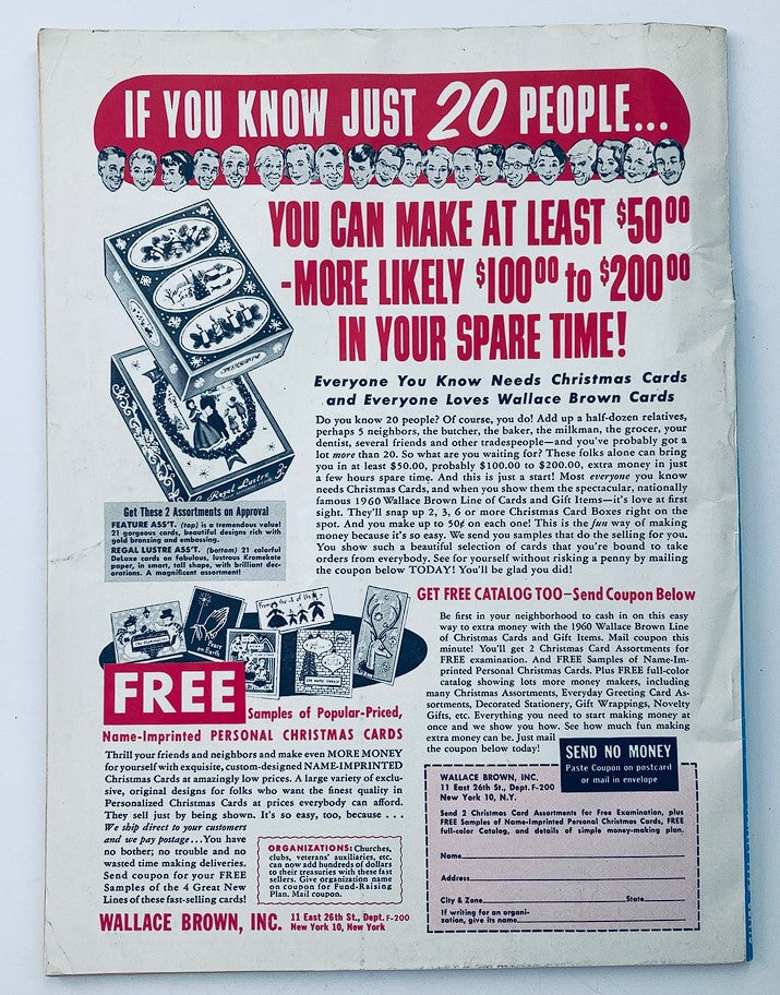 Back cover of the TV & Movie Screen Magazine from September 1960, featuring an advertisement for Wallace Brown Christmas cards. The ad promotes the opportunity to earn money through card sales, showcasing vintage marketing techniques from the era.
