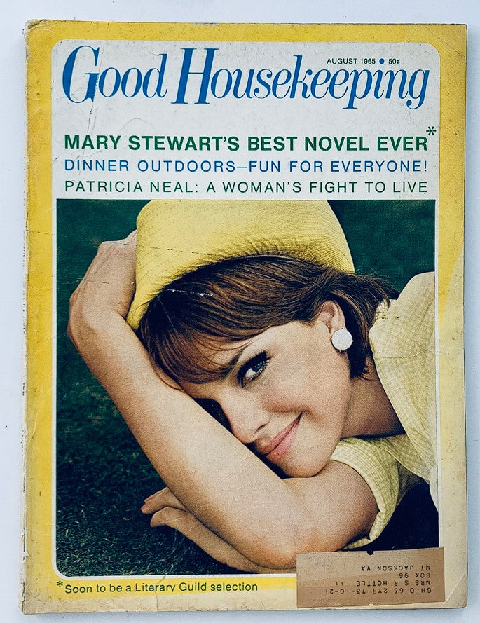 Cover of Good Housekeeping Magazine August 1965 featuring Patricia Neal's article 'A Woman's Fight to Live', showcasing vibrant colors and classic 1960s design.