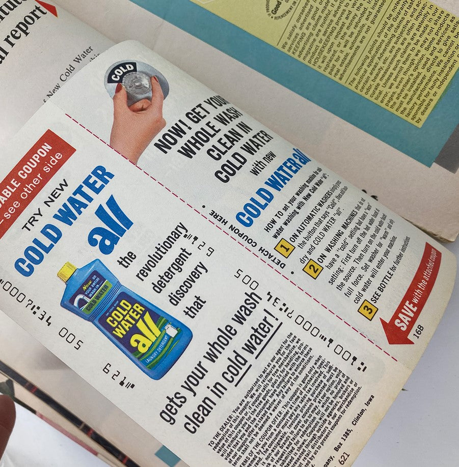 Advertisement page from Good Housekeeping Magazine August 1965 promoting 'Cold Water All' revolutionary detergent, highlighting its features and benefits.