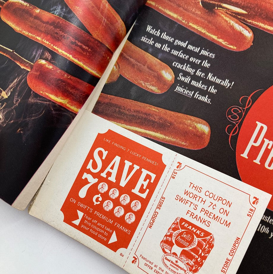 Good Housekeeping Magazine August 1965 featuring a vintage advertisement for Swift's Premium Franks with a 7-cent savings coupon.