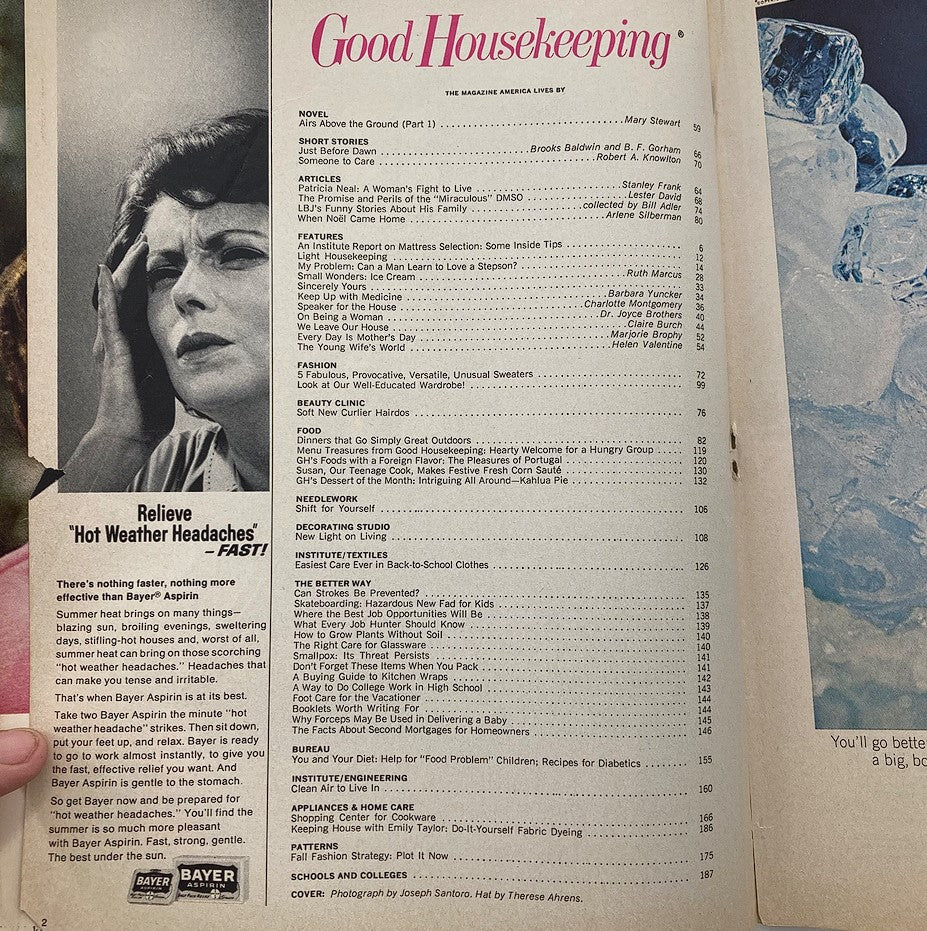 Good Housekeeping Magazine August 1965 showcasing the table of contents and a featured article on Patricia Neal, highlighting key topics and features of the issue.