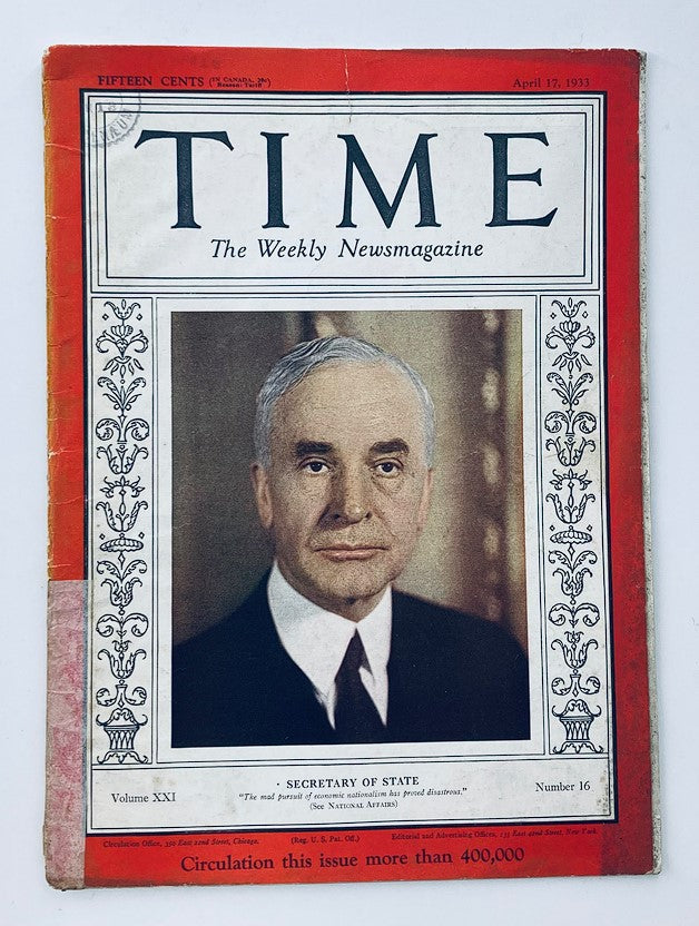 Vintage Time Magazine from April 17, 1933, Volume 21 #16 featuring Secretary of State Cordell Hull on the cover.