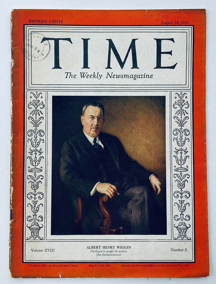 VTG Time Magazine August 24 1931, featuring Albert Henry Wiggin on the cover. The magazine showcases vintage design with a portrait of Wiggin and decorative borders.