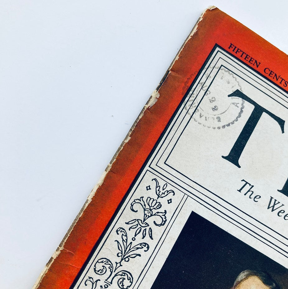 Close-up view of the VTG Time Magazine August 24 1931 cover, highlighting the edge with vintage wear and the magazine's title and price.