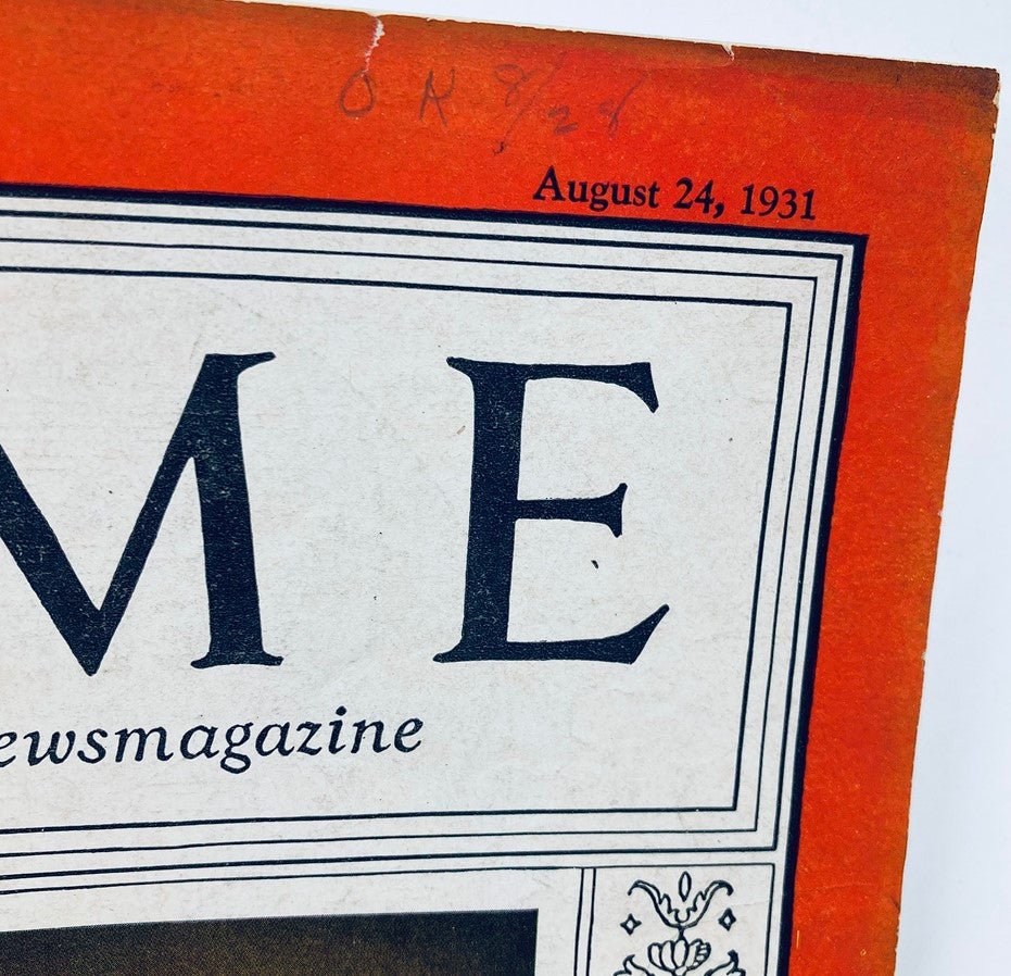 Close-up view of the cover of VTG Time Magazine August 24 1931 featuring the date and title prominently displayed.