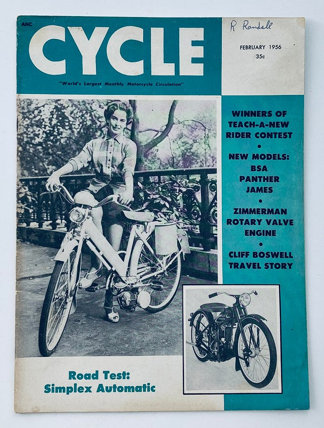VTG Cycle Magazine February 1956 Vol 7 #2 Cover featuring a woman with a bike and the Simplex Automatic road test announcement.