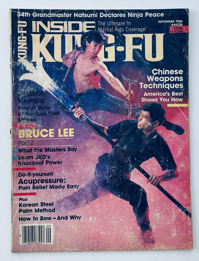 Cover of VTG Inside Kung-Fu Magazine from September 1986, featuring 'What Masters Say' article, showcasing martial arts techniques and the influence of Bruce Lee, with vibrant visuals of martial artists in action.