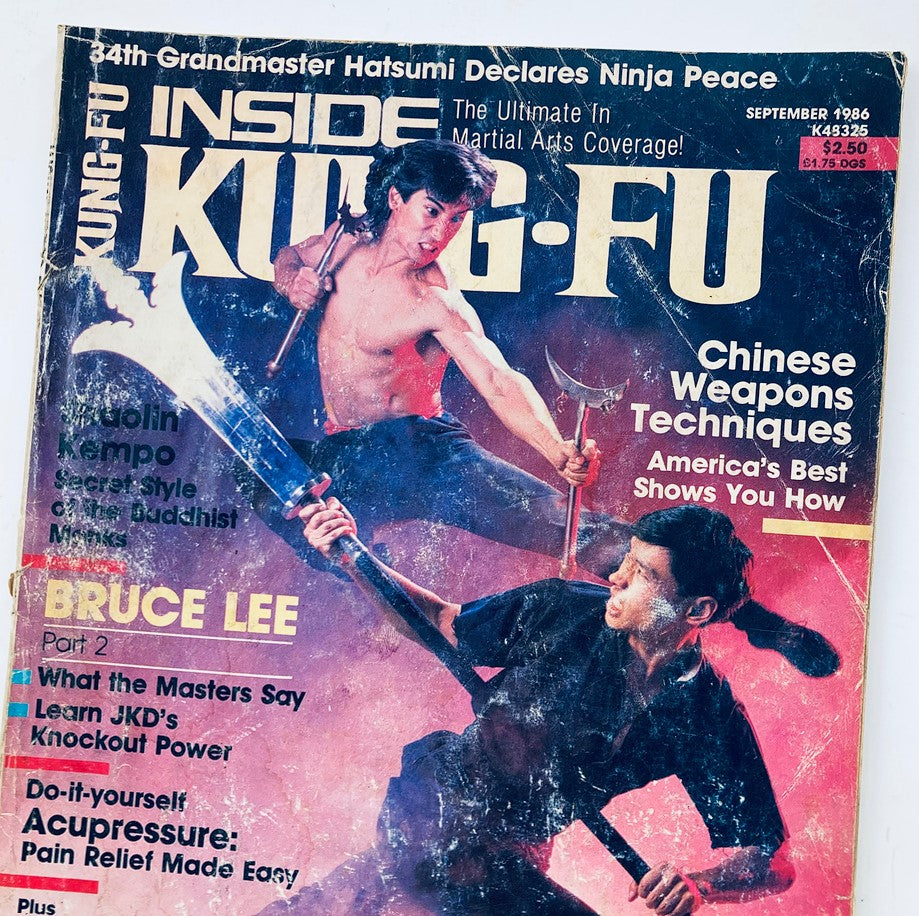 Cover of VTG Inside Kung-Fu Magazine September 1986 featuring martial arts techniques and insights, with a focus on Bruce Lee and highlighted articles on Chinese weapons, Kempo, and interviews with masters.