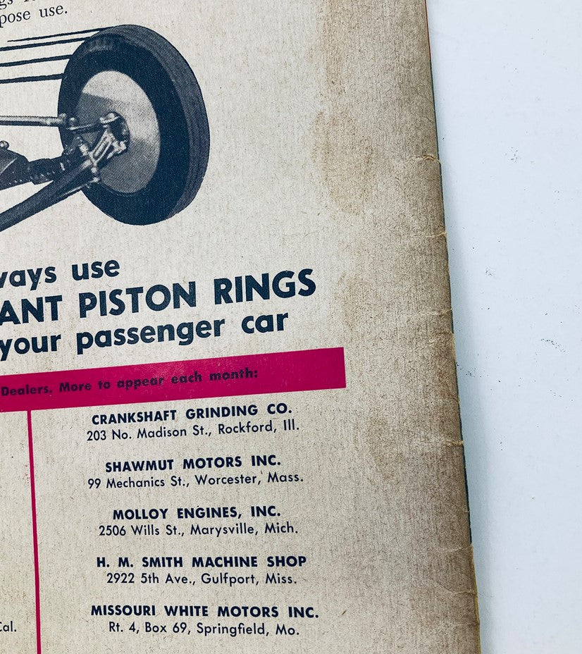 Back cover of VTG Hot Rod Magazine July 1957 displaying advertisements related to automotive performance and parts suppliers.