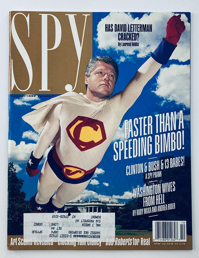 Cover of Spy Magazine October 1992 featuring Bill Clinton dressed as a superhero with the headline 'Faster Than a Speeding Bimbo!' alongside George Bush and a spy prank theme.