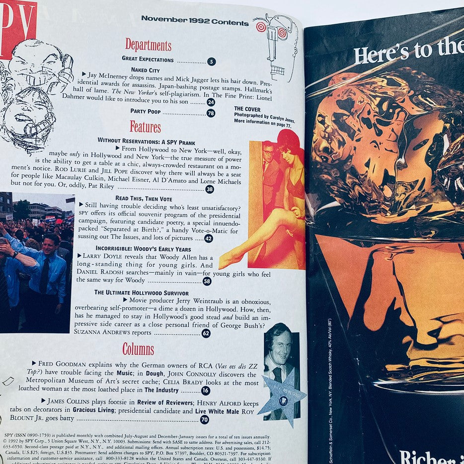 Inside content page of Spy Magazine November 1992, listing articles including Woody Allen's feature, showcasing the magazine's diverse topics.