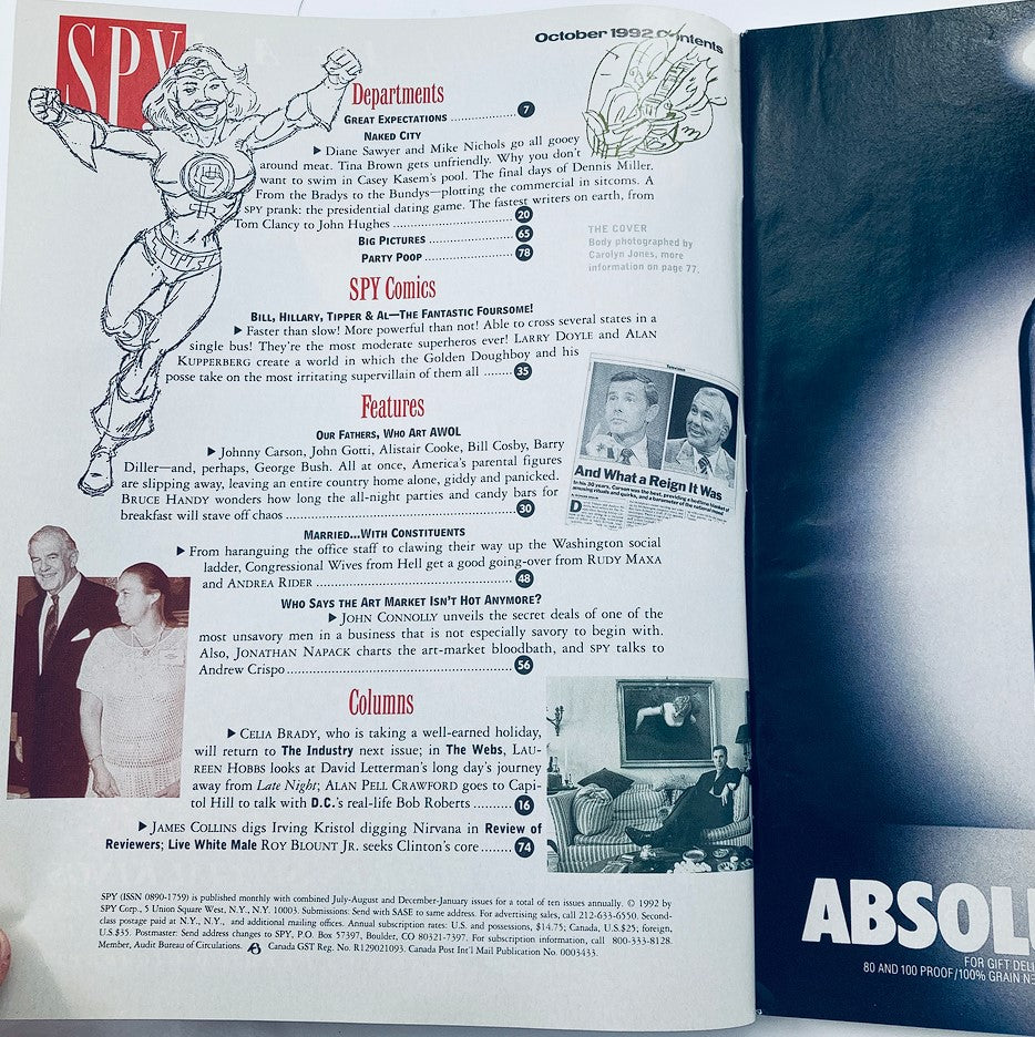 Inside page of Spy Magazine October 1992 highlighting the contents, including features like 'Our Fathers' and 'Party Poop' along with comic strips and political satire.