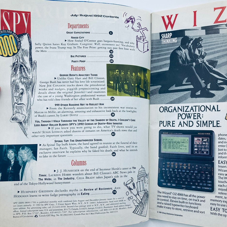 Inside content page of Spy Magazine July 1992 displaying various departments and features, including an article about George Bush's adultery and its societal implications.