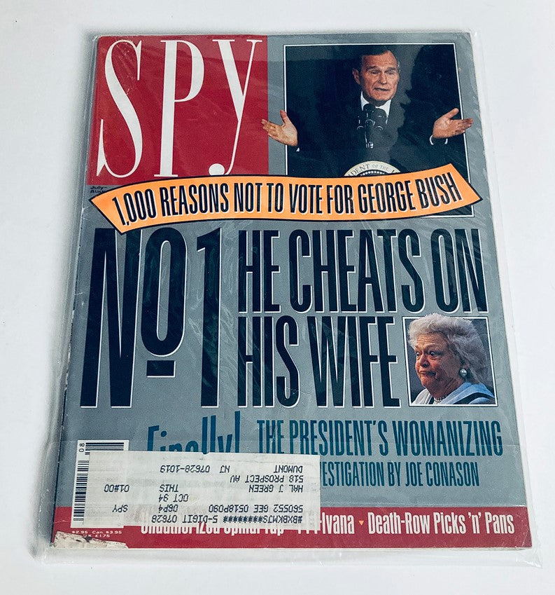 Back cover view of Spy Magazine July 1992 showing the magazine cover again, highlighting the report on George Bush's infidelity and contributions by Joe Conason, encased for preservation.