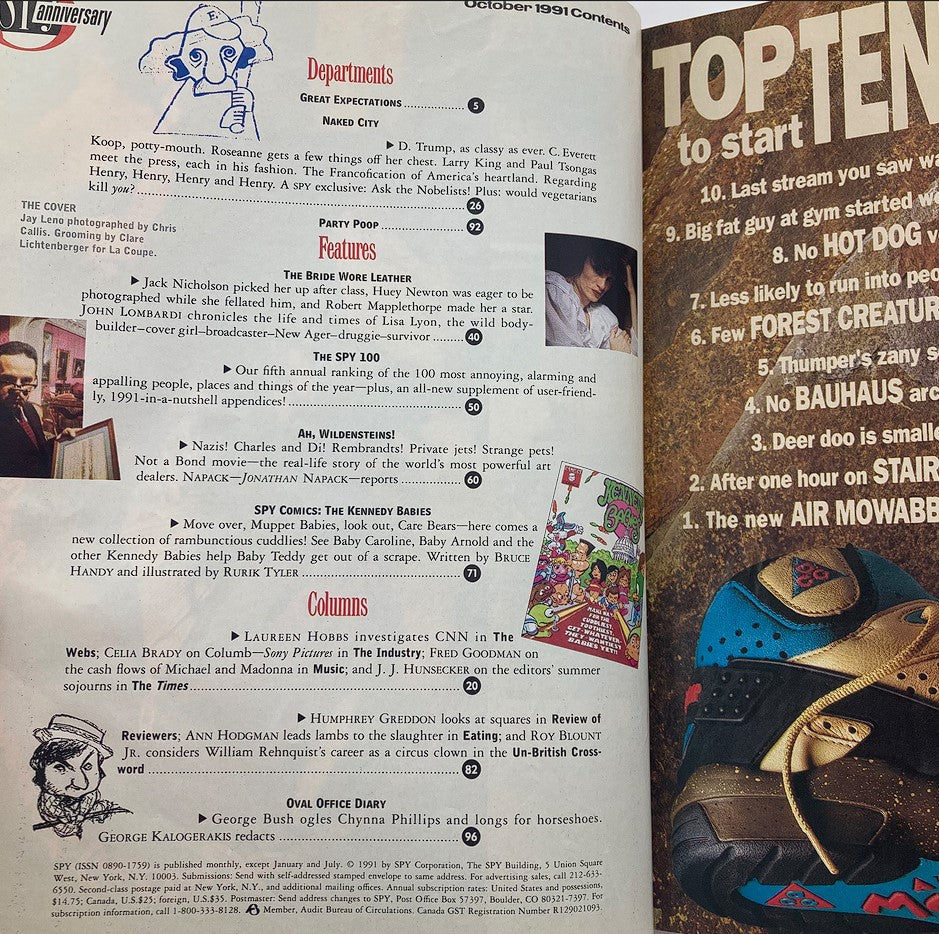 Interior page of Spy Magazine October 1991 showcasing the contents including features and columns.