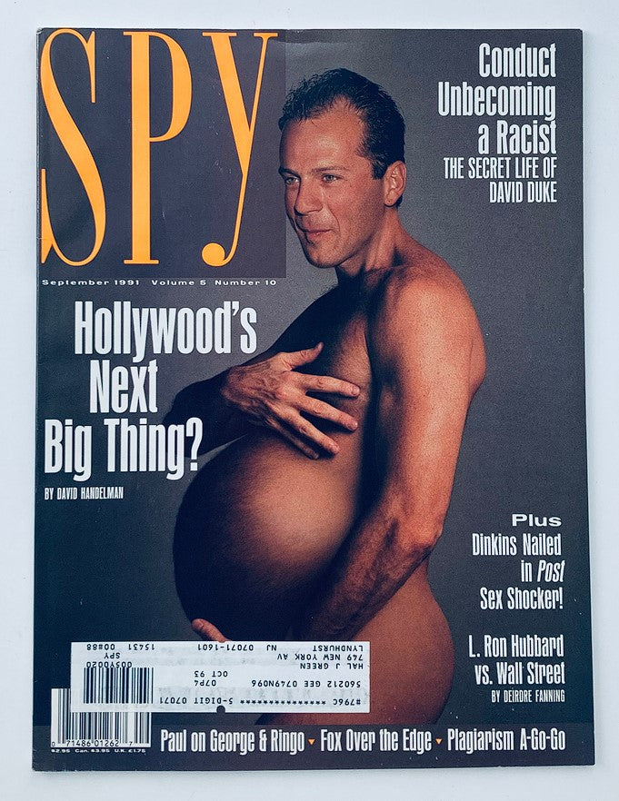 Cover of Spy Magazine September 1991 featuring Bruce Willis as Hollywood's next big thing, showcasing a provocative image with humorous undertones.
