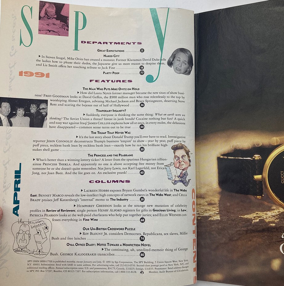 Inside page of Spy Magazine April 1991, showcasing the table of contents with features and columns including articles on celebrity personalities and cultural commentary.