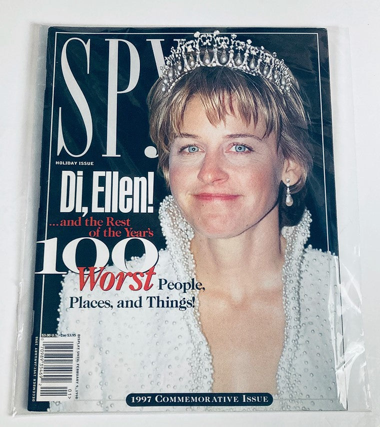 Spy Magazine December 1997, cover image of Ellen DeGeneres in protective plastic. Features the title 'Di, Ellen! ...and the Rest of the Year's 100 Worst,' emphasizing the vintage magazine's collectible value.