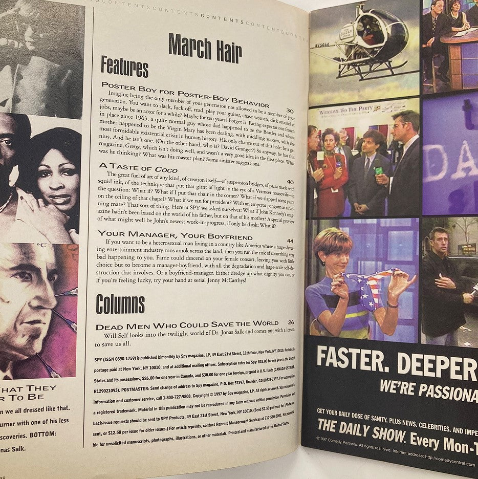 Inside pages of Spy Magazine from March 1998 featuring various articles including features on pop culture and columns, highlighting the influence of John F. Kennedy Jr. and humor of the era.
