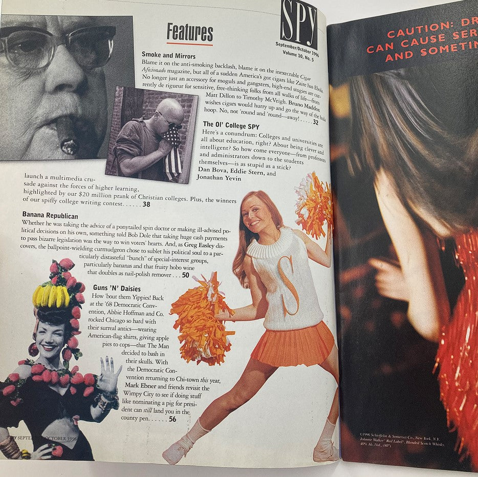 Inside page of Spy Magazine September 1996 featuring articles on features such as 'Smoke and Mirrors' and 'The Ol' College SPY.' Includes vintage imagery reflecting 90s culture.