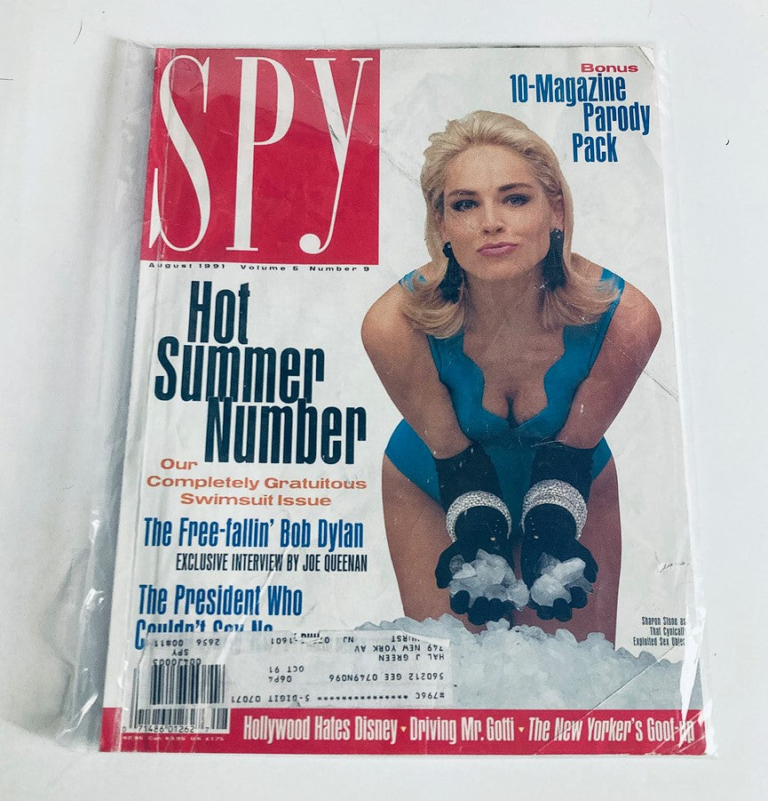 Cover of Spy Magazine August 1991 featuring Sharon Stone, titled 'Hot Summer Number,' showcasing her in a swimsuit, highlighting the magazine's exploration of celebrity culture and media influence on women.