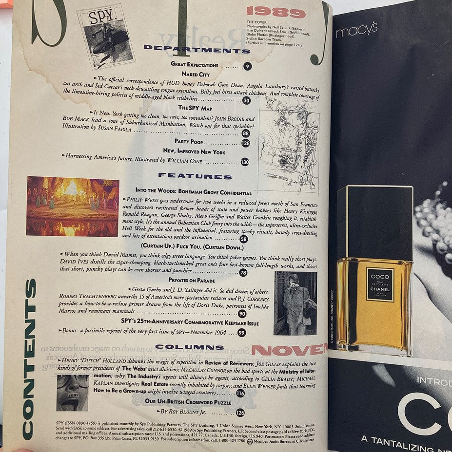 Contents page of Spy Magazine November 1989 listing articles and features including a section on Bohemian Grove.
