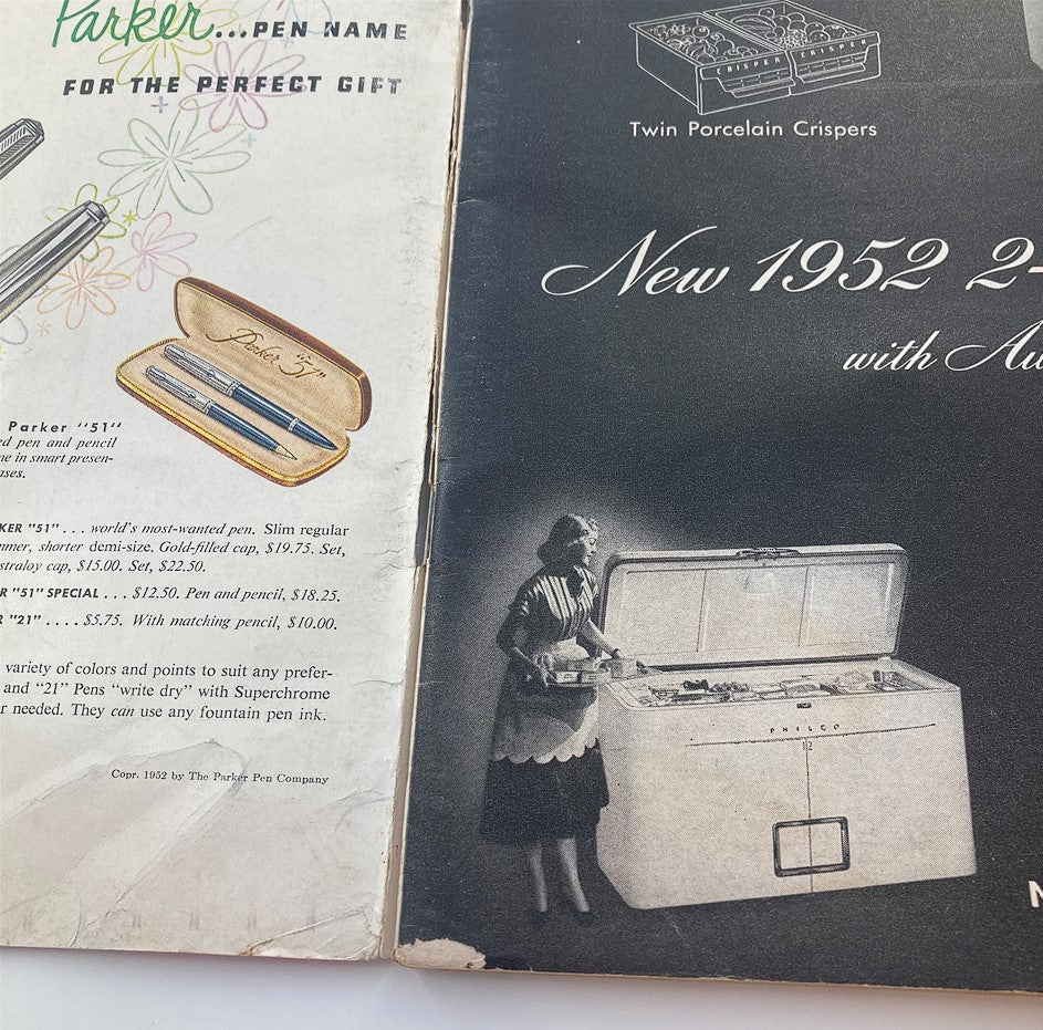 Inside of VTG Life Magazine April 7 1952 featuring advertisements for Parker pens and home appliances.
