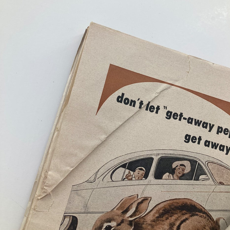Additional close-up view of the edge of VTG Life Magazine April 7 1952 showing an advertisement related to automobiles.