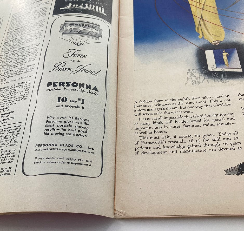 Vintage advertisement for Personna Double Edge Blades found in VTG Life Magazine May 31, 1943 Vol 14 #22, featuring details on shaving products and highlighting their quality with a unique design.